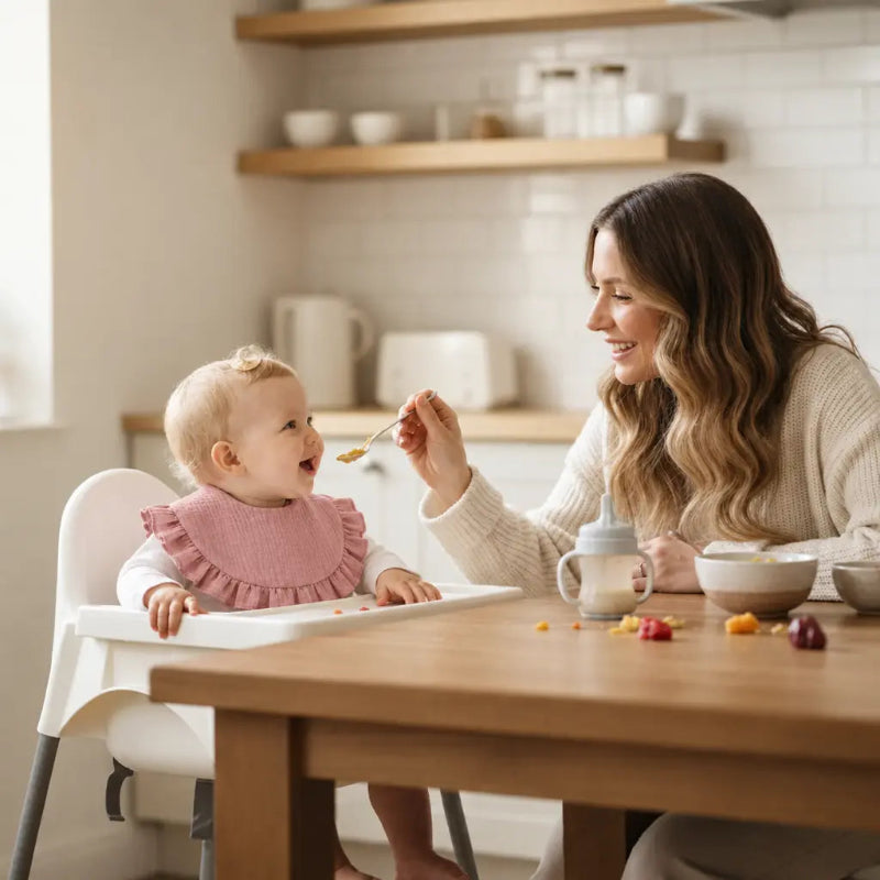 Baby wearing a dusty pink cotton ruffle bib while being spoon-fed in a white high chair