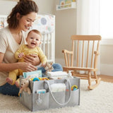 Woman holding a baby next to a baby organizer in a nursery