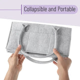 Collapsible and portable gray bag held by hands with text 'Collapsible and Portable' above.